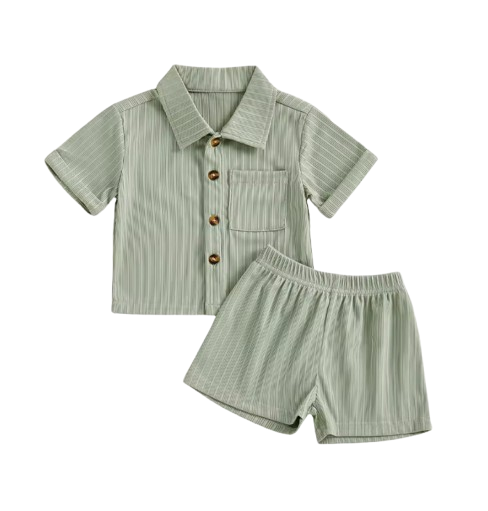 The Roland - Toddler Baby Boy Summer Outfit – 2‑Piece Solid Short Sleeve Turn‑Down Collar Top & Casual Elastic Shorts Set