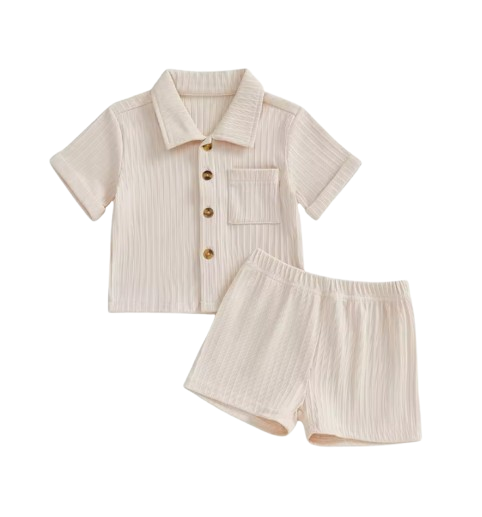 The Roland - Toddler Baby Boy Summer Outfit – 2‑Piece Solid Short Sleeve Turn‑Down Collar Top & Casual Elastic Shorts Set