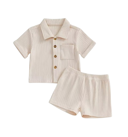 The Roland - Toddler Baby Boy Summer Outfit – 2‑Piece Solid Short Sleeve Turn‑Down Collar Top & Casual Elastic Shorts Set