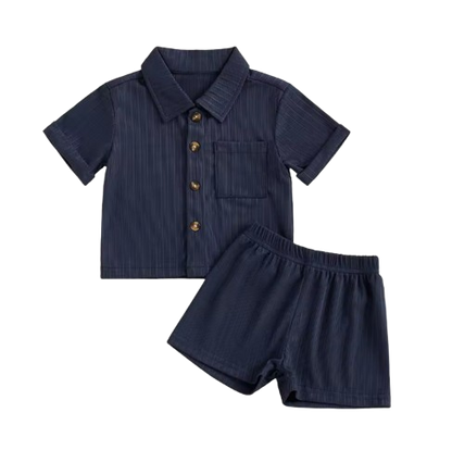 The Roland - Toddler Baby Boy Summer Outfit – 2‑Piece Solid Short Sleeve Turn‑Down Collar Top & Casual Elastic Shorts Set