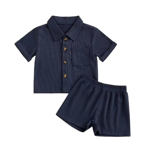 The Roland - Toddler Baby Boy Summer Outfit – 2‑Piece Solid Short Sleeve Turn‑Down Collar Top & Casual Elastic Shorts Set