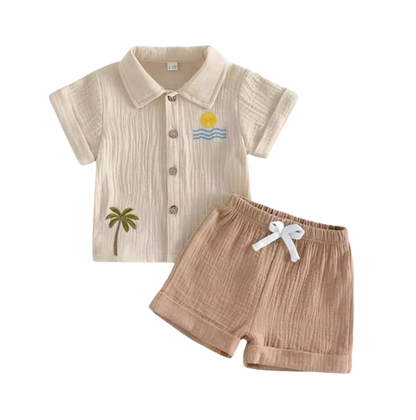 The Zaiden - Baby Boy Summer Outfit – Short Sleeve Tree Print Shirt & Elastic Waist Shorts 2‑Piece Set