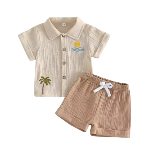 The Zaiden - Baby Boy Summer Outfit – Short Sleeve Tree Print Shirt & Elastic Waist Shorts 2‑Piece Set