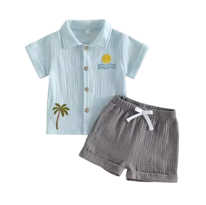 The Zaiden - Baby Boy Summer Outfit – Short Sleeve Tree Print Shirt & Elastic Waist Shorts 2‑Piece Set