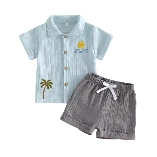 The Zaiden - Baby Boy Summer Outfit – Short Sleeve Tree Print Shirt & Elastic Waist Shorts 2‑Piece Set