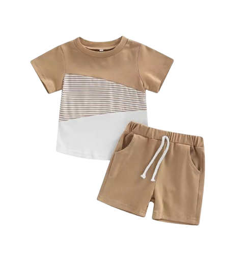 The Eziah - Baby Boys 0–4Y 2‑Piece Outfit – Patchwork Short Sleeve Crewneck Tee & White Strap Shorts Set