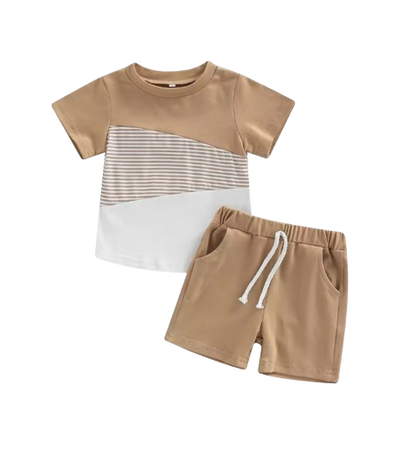 The Eziah - Baby Boys 0–4Y 2‑Piece Outfit – Patchwork Short Sleeve Crewneck Tee & White Strap Shorts Set