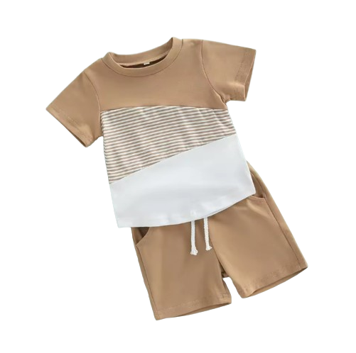 The Eziah - Baby Boys 0–4Y 2‑Piece Outfit – Patchwork Short Sleeve Crewneck Tee & White Strap Shorts Set
