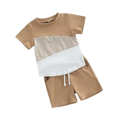 The Eziah - Baby Boys 0–4Y 2‑Piece Outfit – Patchwork Short Sleeve Crewneck Tee & White Strap Shorts Set