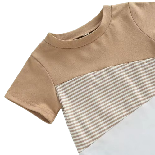 The Eziah - Baby Boys 0–4Y 2‑Piece Outfit – Patchwork Short Sleeve Crewneck Tee & White Strap Shorts Set