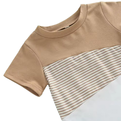 The Eziah - Baby Boys 0–4Y 2‑Piece Outfit – Patchwork Short Sleeve Crewneck Tee & White Strap Shorts Set
