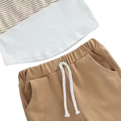 The Eziah - Baby Boys 0–4Y 2‑Piece Outfit – Patchwork Short Sleeve Crewneck Tee & White Strap Shorts Set