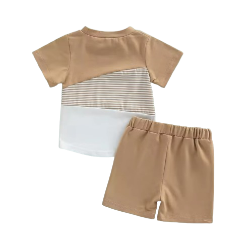 The Eziah - Baby Boys 0–4Y 2‑Piece Outfit – Patchwork Short Sleeve Crewneck Tee & White Strap Shorts Set