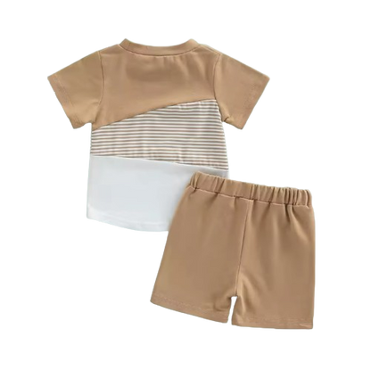 The Eziah - Baby Boys 0–4Y 2‑Piece Outfit – Patchwork Short Sleeve Crewneck Tee & White Strap Shorts Set