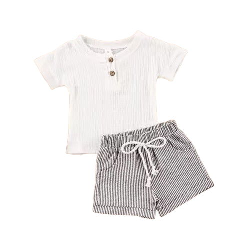 Baby Summer Clothes Set – Solid White Short Sleeve T‑Shirt + Stripe Drawstring Shorts (0‑36M)
