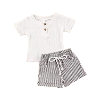 Baby Summer Clothes Set – Solid White Short Sleeve T‑Shirt + Stripe Drawstring Shorts (0‑36M)