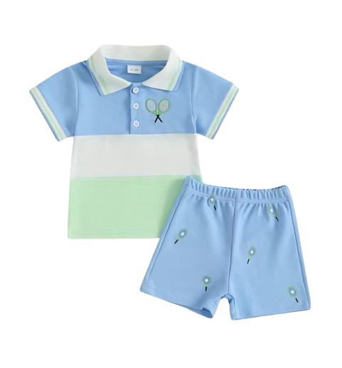 The Jakari - Baby Boy Summer Outfit – Tennis Ball Print Short Sleeve T‑Shirt + Elastic Shorts 2Pcs