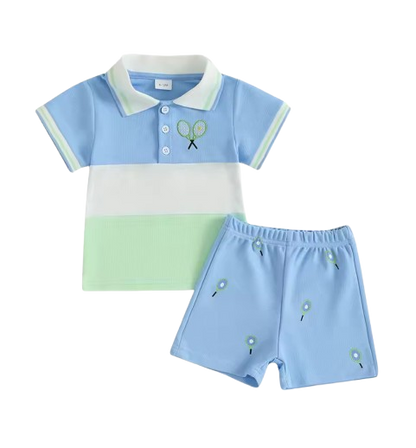 The Jakari - Baby Boy Summer Outfit – Tennis Ball Print Short Sleeve T‑Shirt + Elastic Shorts 2Pcs