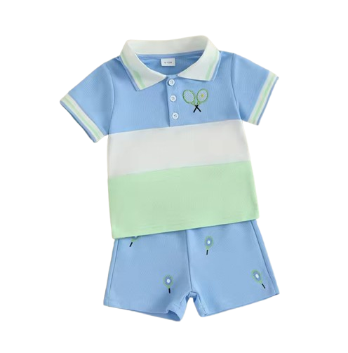 The Jakari - Baby Boy Summer Outfit – Tennis Ball Print Short Sleeve T‑Shirt + Elastic Shorts 2Pcs