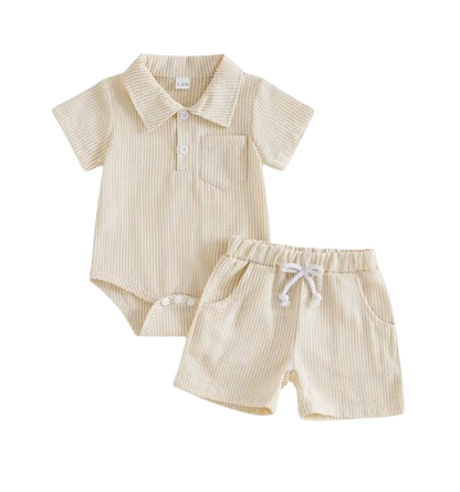 The Albert - Infant Baby Boy Summer Set – Short Sleeve Lapel Striped Romper & Elastic Waist Shorts (2Pcs)