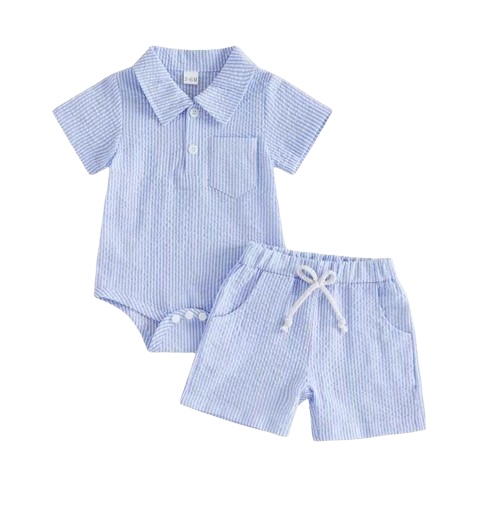 The Albert - Infant Baby Boy Summer Set – Short Sleeve Lapel Striped Romper & Elastic Waist Shorts (2Pcs)