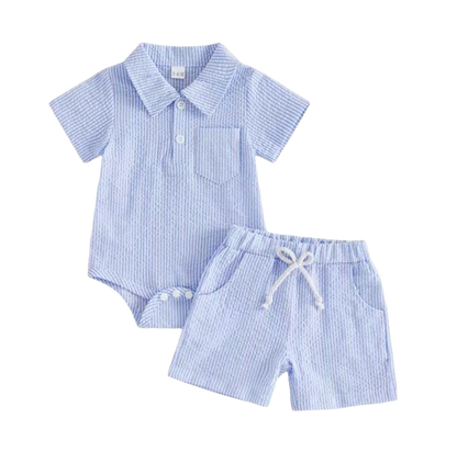The Albert - Infant Baby Boy Summer Set – Short Sleeve Lapel Striped Romper & Elastic Waist Shorts (2Pcs)