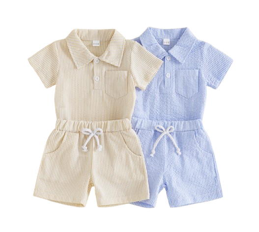 The Albert - Infant Baby Boy Summer Set – Short Sleeve Lapel Striped Romper & Elastic Waist Shorts (2Pcs)