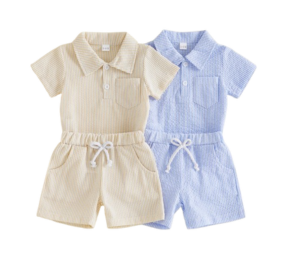 The Albert - Infant Baby Boy Summer Set – Short Sleeve Lapel Striped Romper & Elastic Waist Shorts (2Pcs)