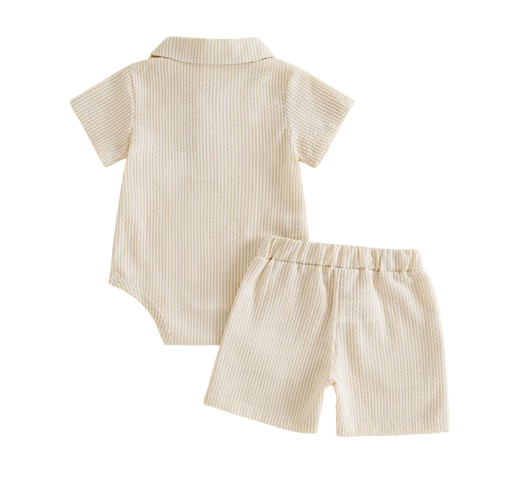The Albert - Infant Baby Boy Summer Set – Short Sleeve Lapel Striped Romper & Elastic Waist Shorts (2Pcs)