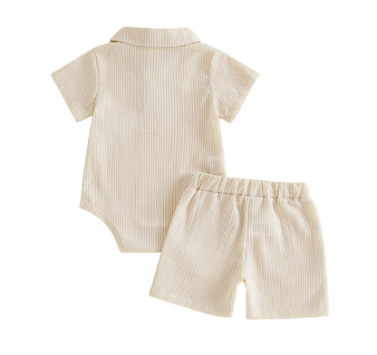 The Albert - Infant Baby Boy Summer Set – Short Sleeve Lapel Striped Romper & Elastic Waist Shorts (2Pcs)