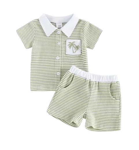 The Yahya - Baby/Toddler Boy Summer Set – Striped Palm Leaf Embroidery Shirt & Shorts
