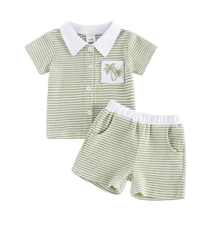 The Yahya - Baby/Toddler Boy Summer Set – Striped Palm Leaf Embroidery Shirt & Shorts
