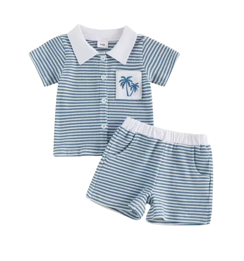 The Yahya - Baby/Toddler Boy Summer Set – Striped Palm Leaf Embroidery Shirt & Shorts (0‑4 Years)