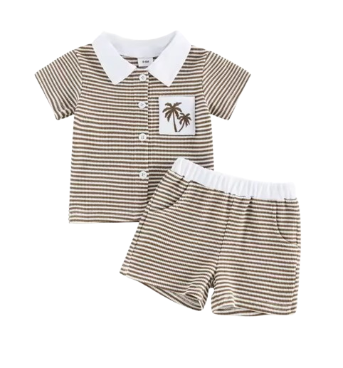 The Yahya - Baby/Toddler Boy Summer Set – Striped Palm Leaf Embroidery Shirt & Shorts
