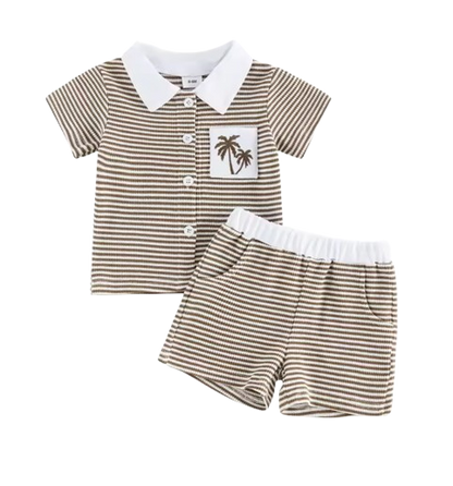 The Yahya - Baby/Toddler Boy Summer Set – Striped Palm Leaf Embroidery Shirt & Shorts
