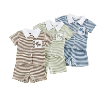 The Yahya - Baby/Toddler Boy Summer Set – Striped Palm Leaf Embroidery Shirt & Shorts