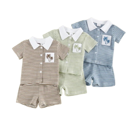 The Yahya - Baby/Toddler Boy Summer Set – Striped Palm Leaf Embroidery Shirt & Shorts