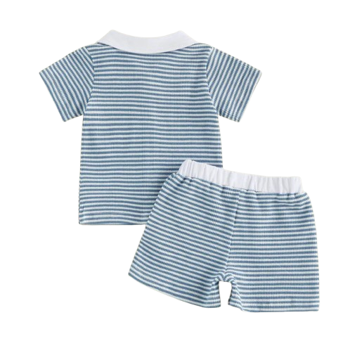 The Yahya - Baby/Toddler Boy Summer Set – Striped Palm Leaf Embroidery Shirt & Shorts (0‑4 Years)