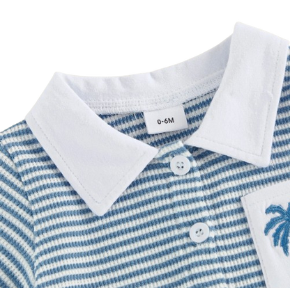 The Yahya - Baby/Toddler Boy Summer Set – Striped Palm Leaf Embroidery Shirt & Shorts (0‑4 Years)