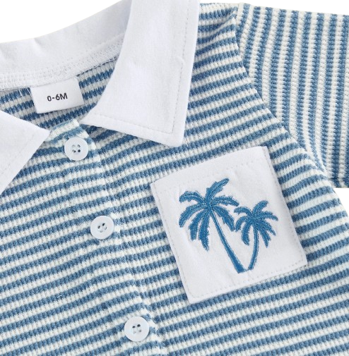 The Yahya - Baby/Toddler Boy Summer Set – Striped Palm Leaf Embroidery Shirt & Shorts (0‑4 Years)