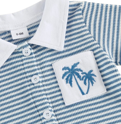 The Yahya - Baby/Toddler Boy Summer Set – Striped Palm Leaf Embroidery Shirt & Shorts (0‑4 Years)