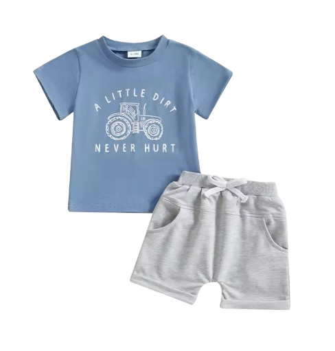 The Harlan - Infant/Newborn Summer Clothes – Tractor Letter Print Tee & Solid Elastic Waist Shorts 2Pcs
