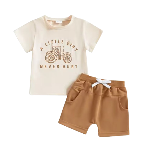 The Harlan - Infant/Newborn Summer Clothes – Tractor Letter Print Tee & Solid Elastic Waist Shorts 2Pcs