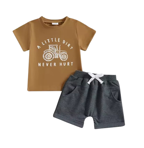 The Harlan - Infant/Newborn Summer Clothes – Tractor Letter Print Tee & Solid Elastic Waist Shorts 2Pcs