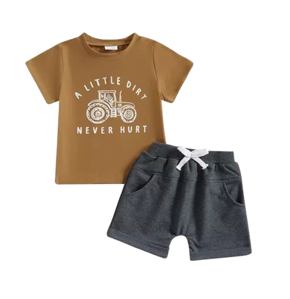 The Harlan - Infant/Newborn Summer Clothes – Tractor Letter Print Tee & Solid Elastic Waist Shorts 2Pcs