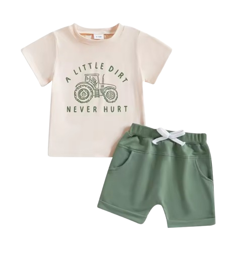The Harlan - Infant/Newborn Summer Clothes – Tractor Letter Print Tee & Solid Elastic Waist Shorts 2Pcs