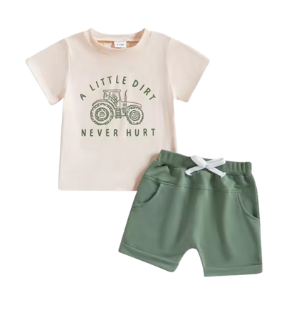The Harlan - Infant/Newborn Summer Clothes – Tractor Letter Print Tee & Solid Elastic Waist Shorts 2Pcs