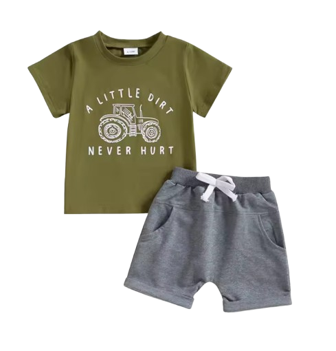 The Harlan - Infant/Newborn Summer Clothes – Tractor Letter Print Tee & Solid Elastic Waist Shorts 2Pcs