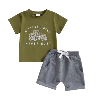 The Harlan - Infant/Newborn Summer Clothes – Tractor Letter Print Tee & Solid Elastic Waist Shorts 2Pcs