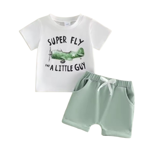 The Jaiden - Infant Toddler Boy Airplane Print Tee + Solid Shorts 2Pcs Cute Summer Outfit